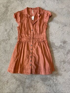 Button-Front Rust Orange Shirt Dress